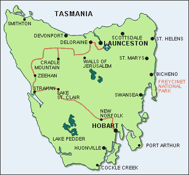 Der Routenverlauf unserer Westküstentour in  Tasmanien 