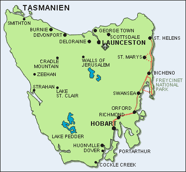 Der Routenverlauf unserer individuellen Ostküsten-Radtour in Tasmanien mit der Verlängerung nach Launceston