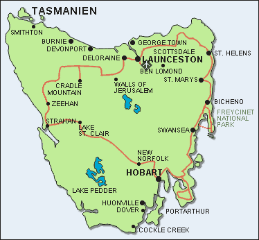 Der  Routenverlauf unserer Rad-Gruppenreise in Tasmanien